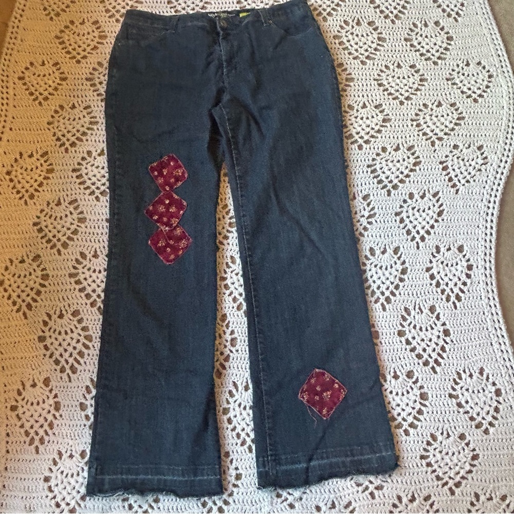 Women’s Style & Co. Jeans Flare Leg Raw Hem 16W Petite Floral Patches Tummy